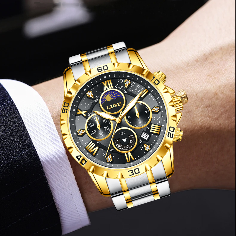 Luxury Watch Brands - LIGE แบรนด์ชั้นนำหรูหราควอตซ์นาฬิกาผู้ชายลำลองกีฬากันน้ำสแตนเลสส่องสว่างโครโนกราฟ 24H นาฬิกาข้างขึ้นข้างแรมสำหรับผู้ชาย + กล่อง