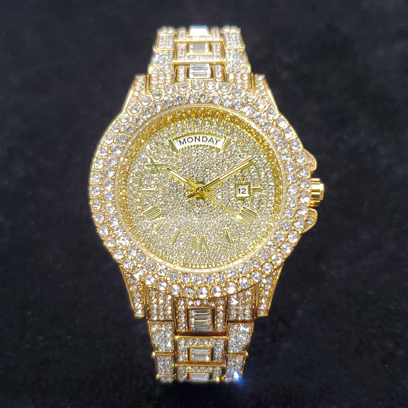 Luxury Watch Iceberg - นาฬิกาเพชรหรูสำหรับผู้ชาย แฟชั่นสุดหรูหรา ประดับเพชรเต็มหน้าปัด พร้อมวันที่ นาฬิกาฮิปฮอป สแตนเลสสีทอง