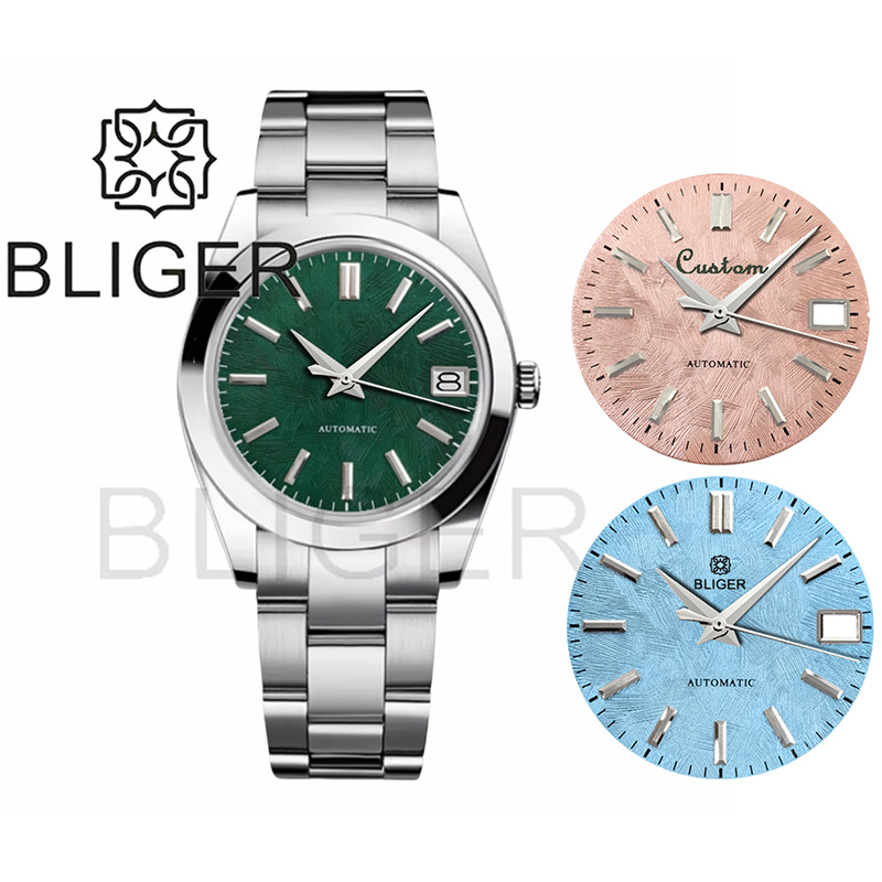 Luxury Watch Green Dial - BLIGER 36mm39mm โลโก้ที่กำหนดเองสีเขียวนาฬิกาซากุระสีชมพูไอซ์บลูหน้าปัดกระจกแซฟไฟร์กันน้ำ NH35 การเคลื่อนไหวอัตโนมัติ