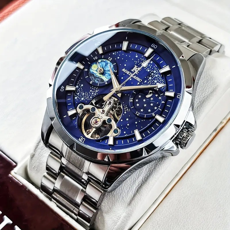 Luxury Watch Events - นาฬิกาจักรกลอัตโนมัติสำหรับผู้ชายสุดหรู พร้อมหน้าปัดลายท้องฟ้าเต็มไปด้วยดวงดาว แสดงภาพดวงอาทิตย์ ดวงจันทร์ และดวงดาว พร้อมกลไกโครงกระดูกทูร์บิญอง