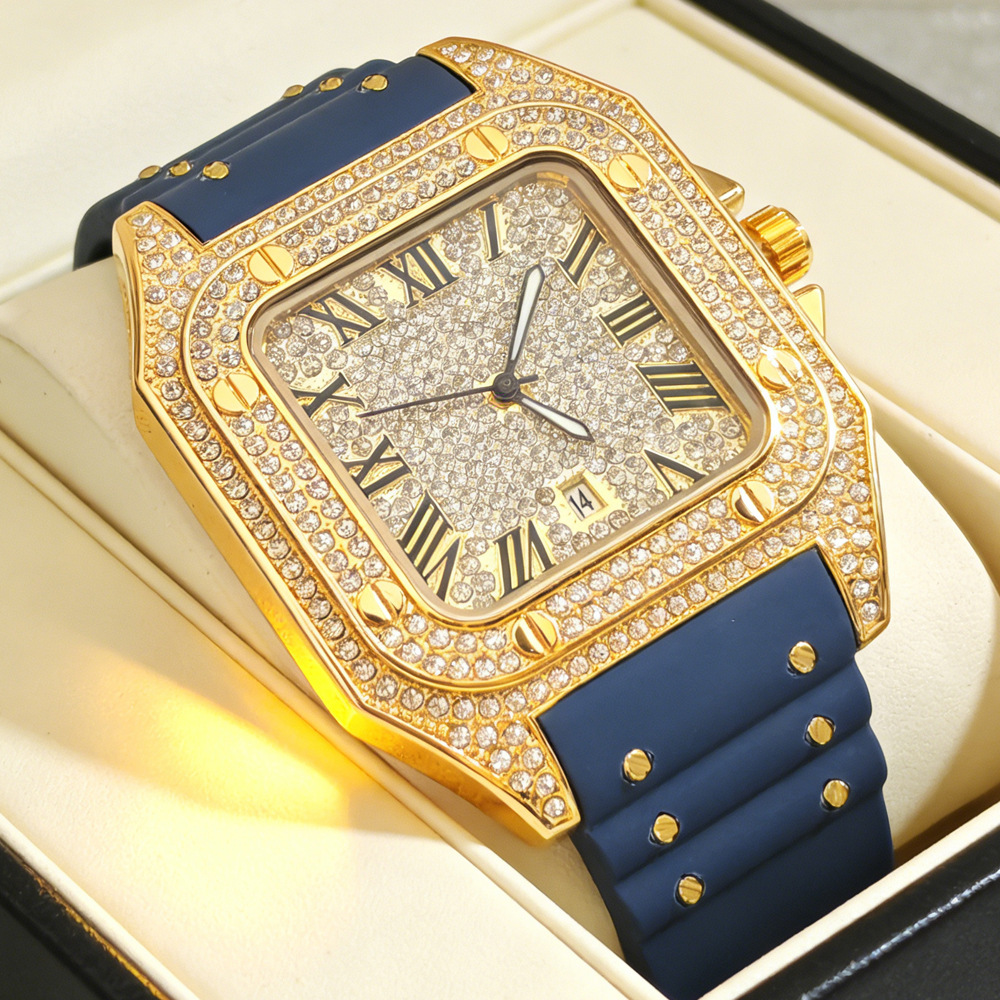 Luxury Watch Iceberg - นาฬิกาควอตซ์แฟชั่นสุดฮิต ประดับเพชรเต็มหน้าปัด สายยาง สำหรับผู้ชาย สไตล์ฮิปฮอป หรูหรา