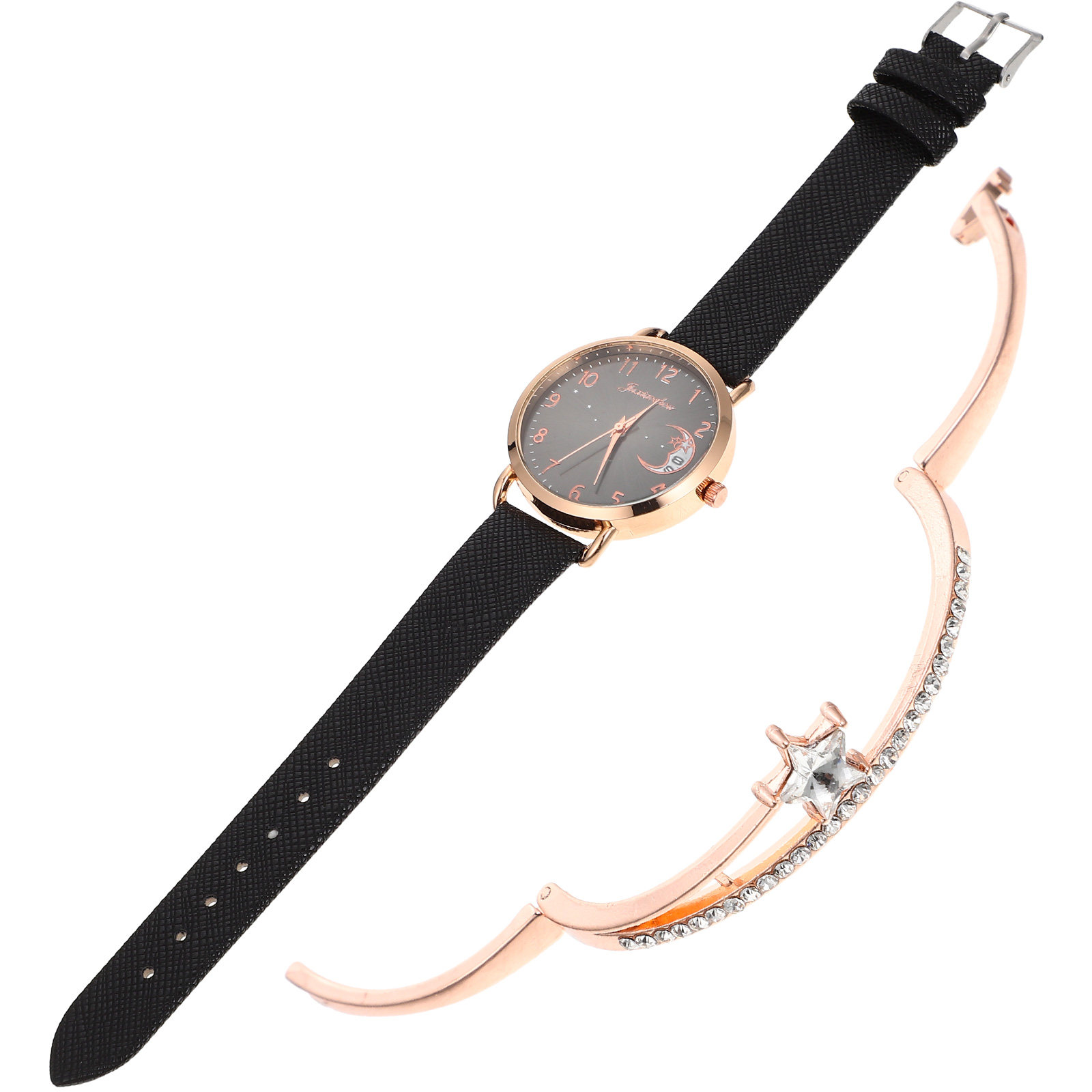 Luxury Watch White - 1 ชุดนาฬิกาผู้หญิงลายดาวและพระจันทร์สุดหรูพร้อมชุดสร้อยข้อมือแฟชั่นอเนกประสงค์ฝีมือประณีตนาฬิกาข้อมือลำลองสำหรับผู้หญิง