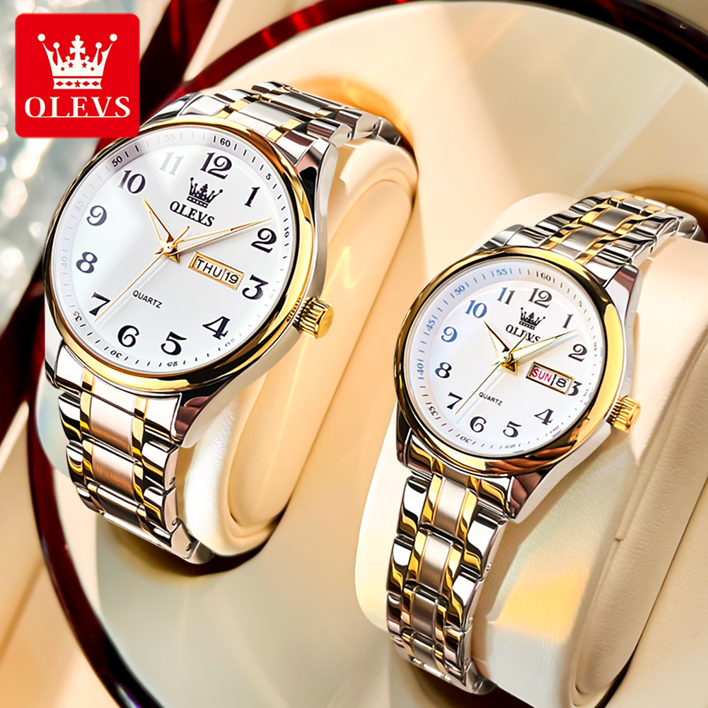 Best Luxury Quartz Watch - OLEVS ใหม่แฟชั่นคู่นาฬิกาสําหรับผู้ชายผู้หญิงสแตนเลสหรูหรานาฬิกาควอทซ์กันน้ําปฏิทินสัปดาห์คนรักนาฬิกาข้อมือ