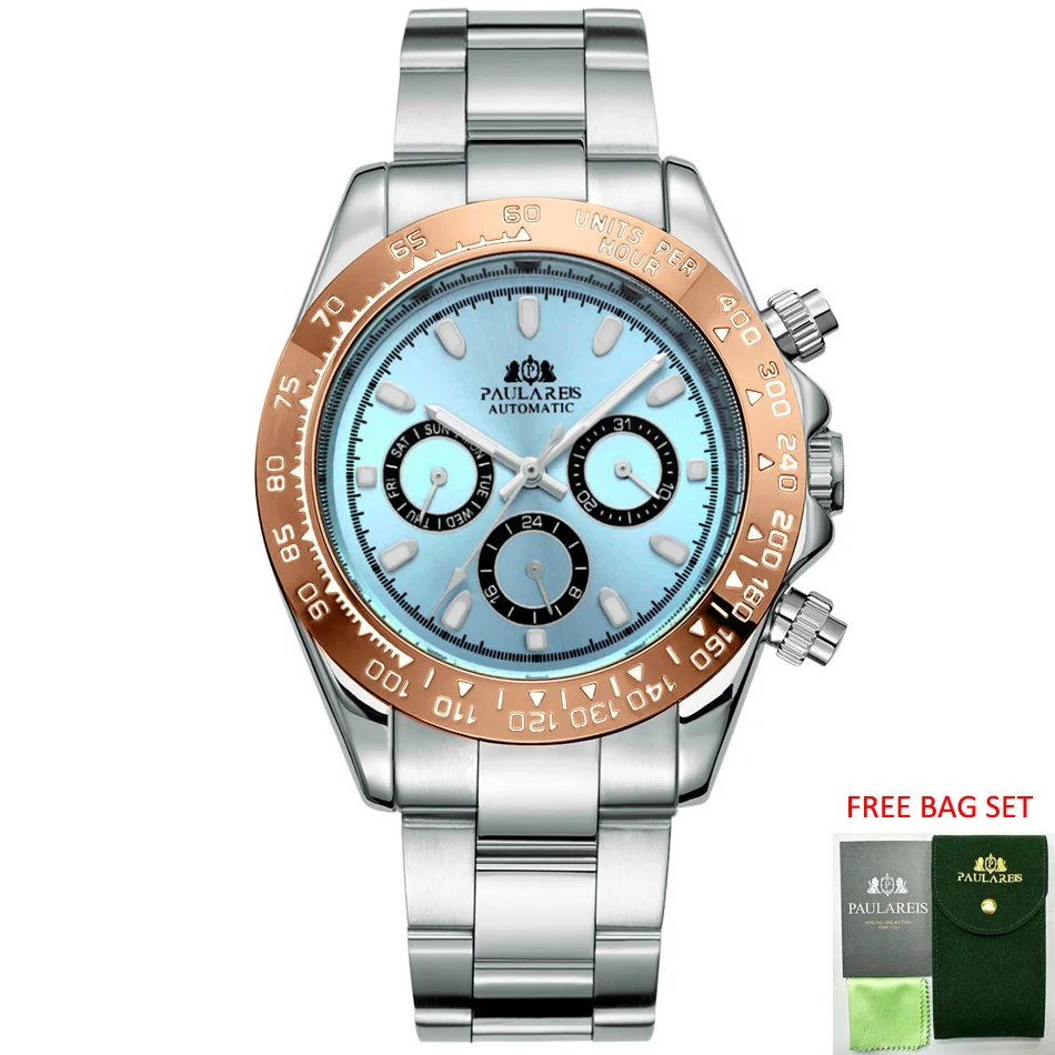 Luxury Watch Iceberg - นาฬิกาอัตโนมัติสำหรับผู้ชาย ระบบกลไกไขลานอัตโนมัติ ตัวเรือนสแตนเลสสีทอง หน้าปัดสีน้ำเงินน้ำแข็ง ขอบหน้าปัดสีน้ำตาลเกาลัด นาฬิกาข้อมือผู้ชายราคาประหยัด