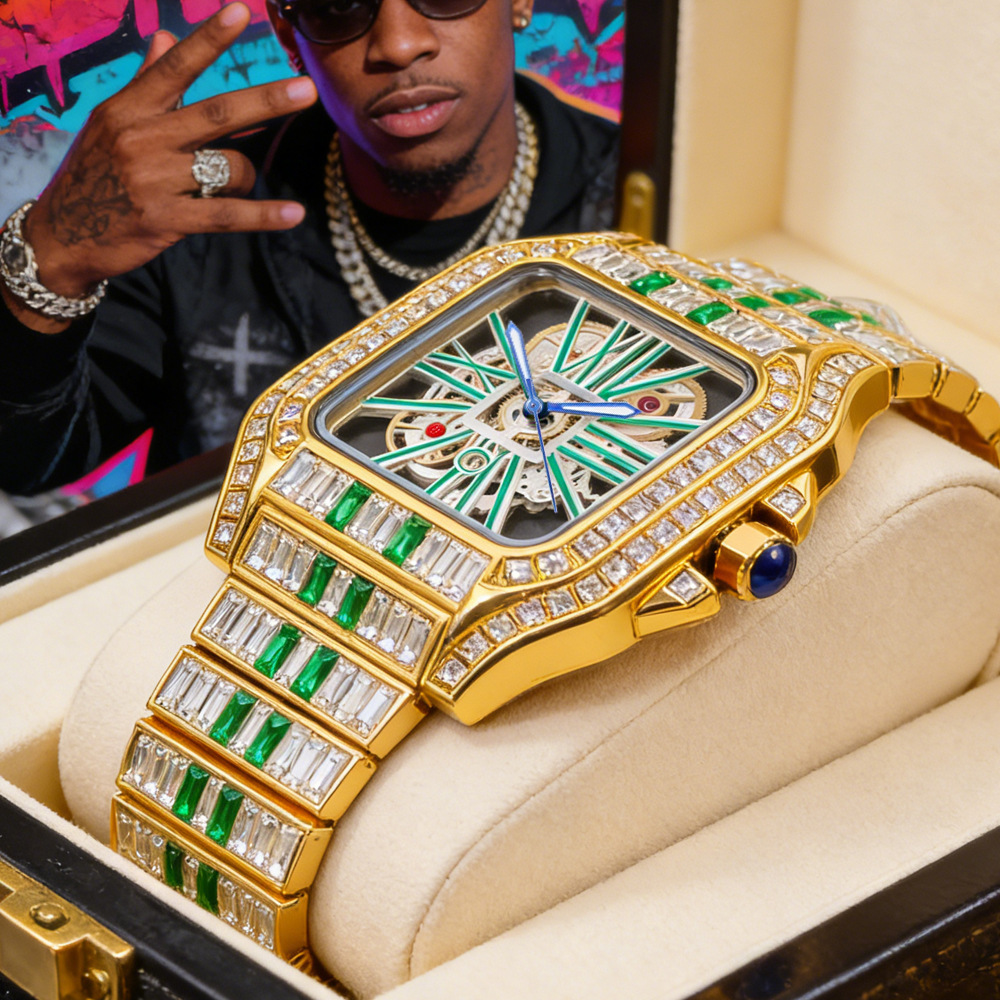 Luxury Watch Iceberg - นาฬิกาข้อมือควอตซ์หรูหราประดับเพชรเต็มหน้าปัด แฟชั่นสุดฮิตสำหรับผู้ชาย แบรนด์ฮิปฮอป ดีไซน์สี่เหลี่ยม พร้อมบริการดรอปชิปปิ้ง