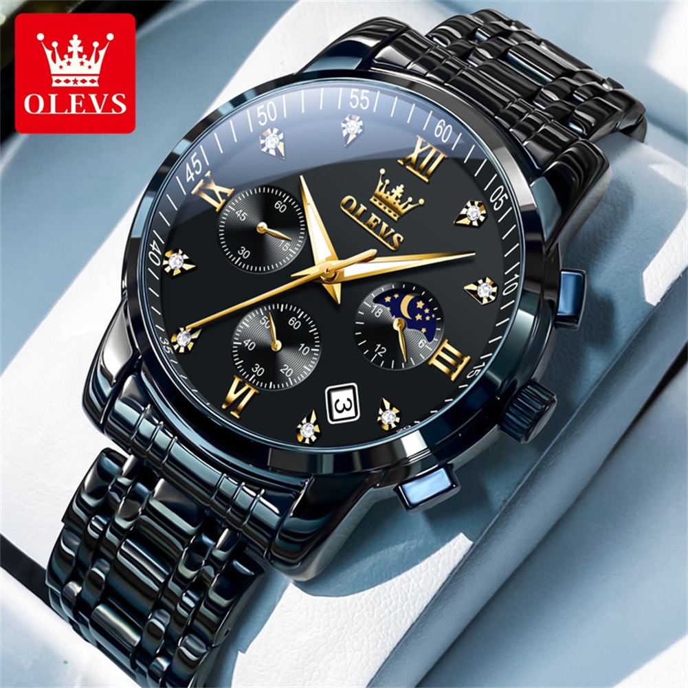 Best Luxury Quartz Watch - OLEVS นาฬิกาผู้ชายยอดนิยมสแตนเลสสีดำมูนเฟสโครโนกราฟนาฬิกาควอทซ์สำหรับผู้ชายวันที่นาฬิกาข้อมือแบรนด์เดิม
