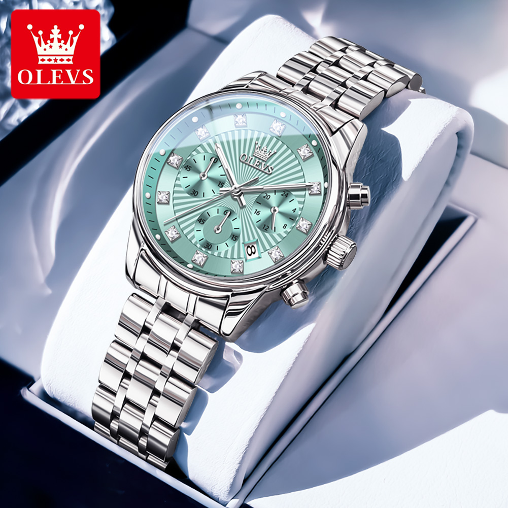Luxury Watch Green Dial - OLEVS นาฬิกาสตรีแฟชั่นสุภาพสตรีควอตซ์นาฬิกาปฏิทินสีเขียว Dial สแตนเลสผู้หญิงหรูหรานาฬิกา reloj mujer