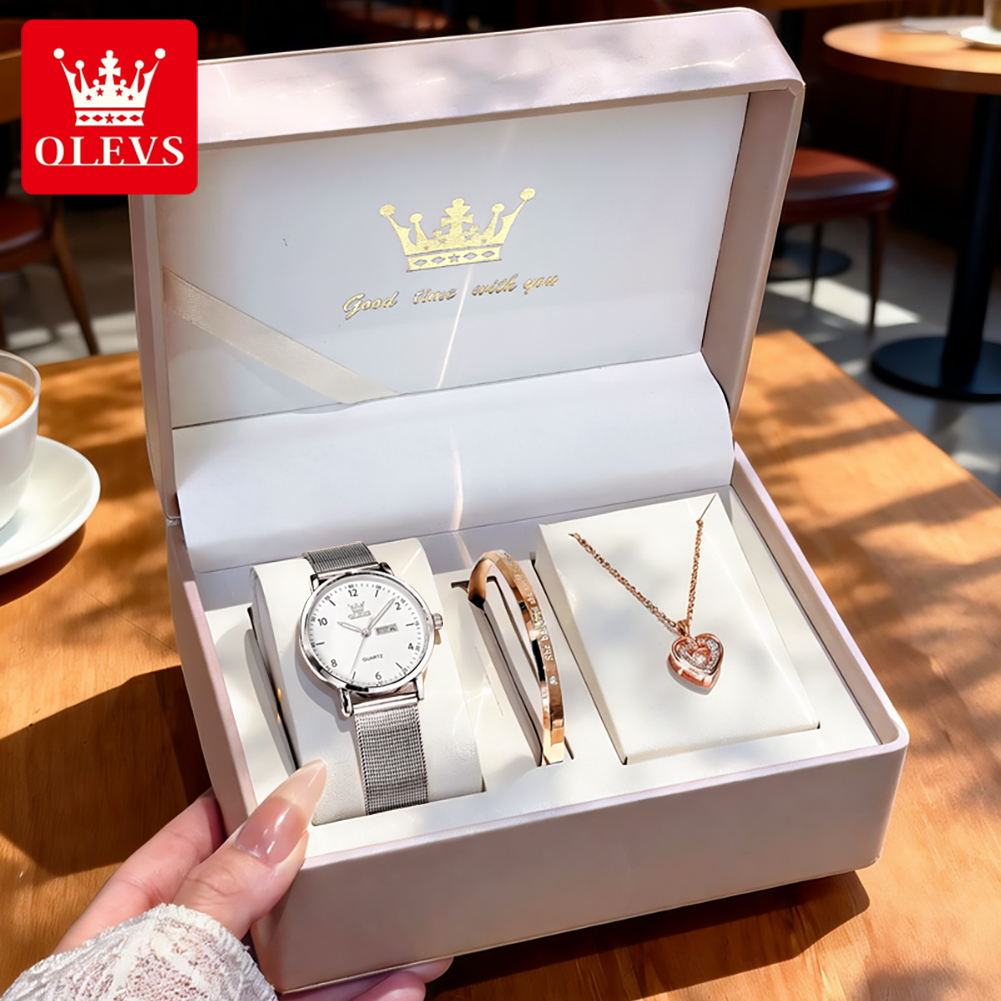Luxury Watch Brands - OLEVS 2996 นาฬิกาผู้หญิงนาฬิกาควอทซ์หรูหราบางเฉียบกันน้ำปฏิทินคู่นาฬิกาสำหรับผู้หญิงของขวัญกล่องรีโลจ