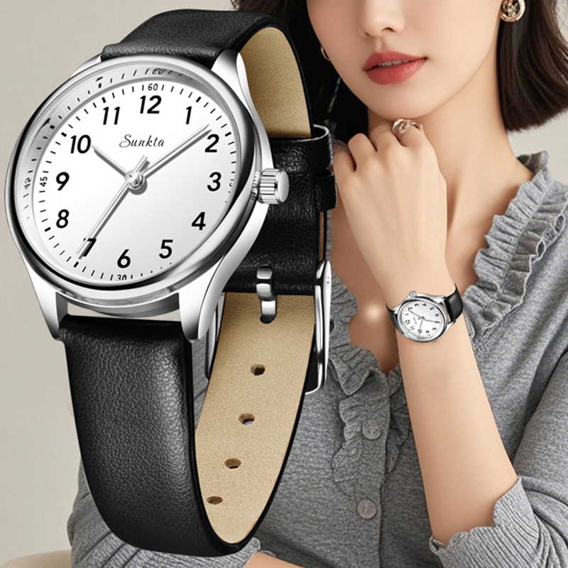 Luxury Watch White - LIGE ผู้หญิงที่เรียบง่ายแฟชั่นสีดําและสีขาวออกแบบสุภาพสตรีควอตซ์นาฬิกาสายหนังลําลองกันน้ําหญิงสร้อยข้อมือนาฬิกาของขวัญ