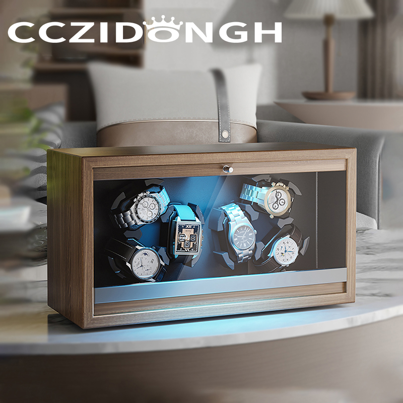 Luxury Watch Winder Box - กล่องหมุนนาฬิกาอัตโนมัติแบบใหม่ ทำจากไม้ พร้อมฝาครอบกระจก สำหรับนาฬิกาจักรกล กล่องเก็บและโชว์