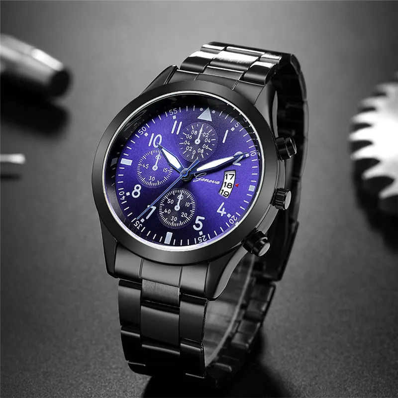 Luxury Watch Face - Jam Tangan Geneva ผู้ชายหรูหรานาฬิกาผู้ชายสีดำสแตนเลสสตีล Quartz นาฬิกาผู้ชายนาฬิกาข้อมือเล่นกีฬา